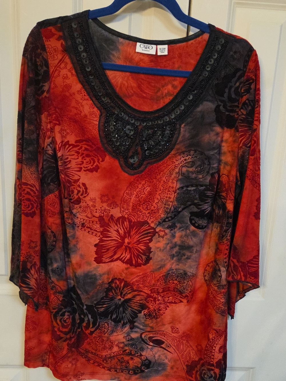 Cato Red and Black Floral Embellished Scoop-Neck Long Sleeve Top